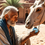 **A desert oasis scene. An exhausted traveler gratefully accepts water from an old man with wise eyes. Subtle magical elements hint at the old man being a Djinn.**
