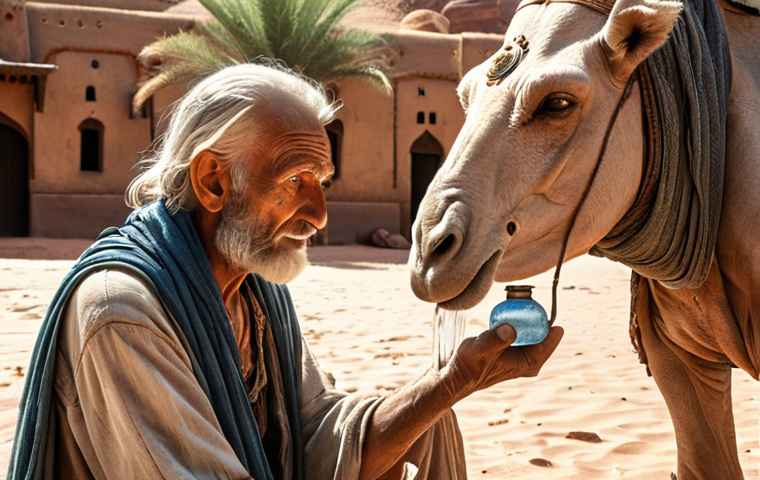 **A desert oasis scene. An exhausted traveler gratefully accepts water from an old man with wise eyes. Subtle magical elements hint at the old man being a Djinn.**