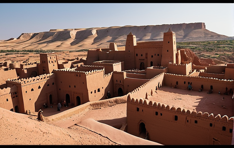 **Aït Benhaddou village, Gladiator movie set.**  Focus: Wide shot of the ksar with Roman-era architecture details added, capturing the Yunkai feel. Dramatic lighting, desert landscape, sense of epic scale.